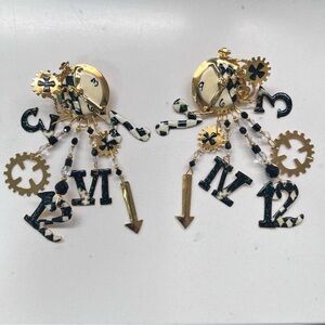 Lunch at the Ritz Vintage Clockworks Dangle Earrings in Gold tone and Enamel